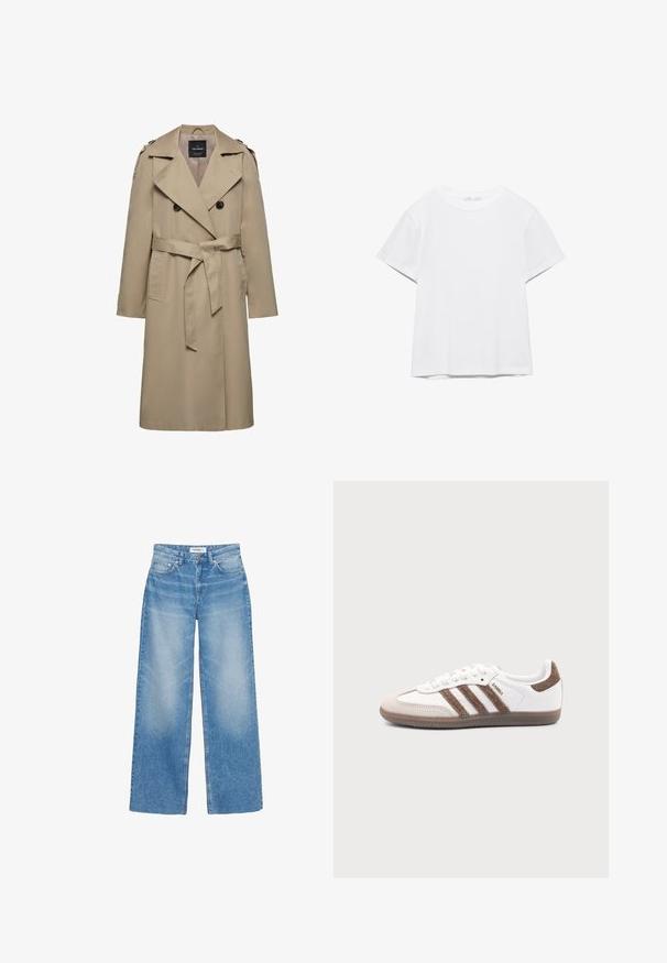 Beige dubbelgeknoopte trenchcoat met brede revers, riem in de taille, schouderepauletten en zijzakken, halflang met gevoerde binnenkant.; Effen wit T-shirt met korte mouwen en ronde hals, met een rechte zoom, gepresenteerd tegen een witte achtergrond.; Blauwe wijd uitlopende spijkerbroek met voorkanten zakken, riemlussen en knoopsluiting, weergegeven op een witte achtergrond.; Witte Adidas Samba sneaker met bruine suède strepen, bruine rubberen zool en beige suède neuskap, getoond vanaf de buitenkant op een effen achtergrond.