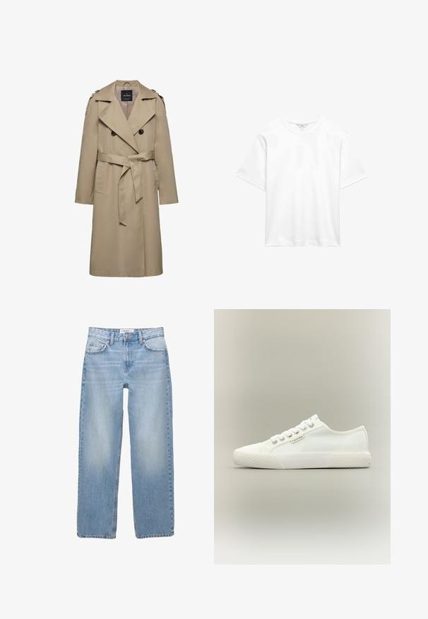 Beige dobbeltradet trenchcoat med brede slag, bælte i taljen, skulderstropper og sidelommer, mellemlang længde med foret indvendigt.; Simpel hvid kortærmet bomulds-T-shirt med rund hals, vist fladt mod hvid baggrund.; Lyseblå denimbukser med lige ben, fem-pockets stil og synlige syninger. Stofmaterialet har en blød, let falmet tekstur.; Hvid lavtopet lærreds-sneaker med tekstureret gummisål, hvide snørebånd og lille Calvin Klein-mærke på siden.