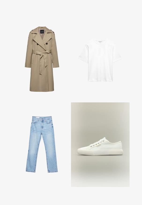 Beige dobbeltradet trenchcoat med brede slag, bælte i taljen, skulderstropper og sidelommer, mellemlang længde med foret indvendigt.; Simpel hvid kortærmet bomulds-T-shirt med rund hals, vist fladt mod hvid baggrund.; Lyseblå straight-leg denim jeans med forlommer, bæltestropper og knap- og lynlåslukning, vist fladt på hvid baggrund.; Hvid lavtopet lærreds-sneaker med tekstureret gummisål, hvide snørebånd og lille Calvin Klein-mærke på siden.