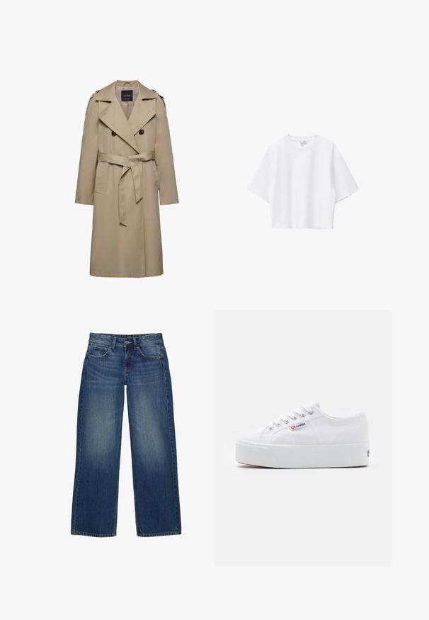 Beige dobbeltradet trenchcoat med brede slag, bælte i taljen, skulderstropper og sidelommer, mellemlang længde med foret indvendigt.; Hvid cropped t-shirt lavet af blød bomuld med rund hals, korte ærmer og løs pasform. Simpelt og alsidigt design.; Bredbenede blå denimjeans med en falmet finish, der har fem lommer, lukning med knap foran og synlige syningsdetaljer.; Hvide canvas sneakers med en tyk hvid platformssål, rund tå og metaløjelets til snørebånd. Mærkets logo præsenteret på siden.