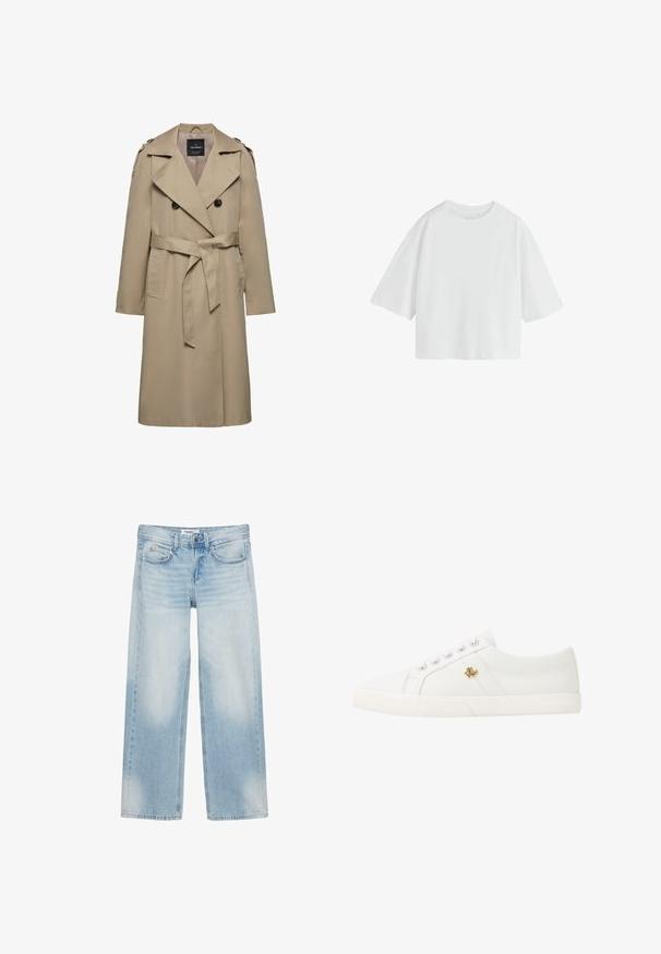 Beige dobbeltradet trenchcoat med brede slag, bælte i taljen, skulderstropper og sidelommer, mellemlang længde med foret indvendigt.; Simpel hvid oversized T-shirt med korte ærmer, rund hals og løs pasform.; Lyseblå jeans med vide ben, fem lommer, bæltestropper, knaplukning og diskret farvefade på forreste lår og knæ.; Lauren Ralph Lauren JANSON II CANVAS SNEAKER - Sneakers - optic white