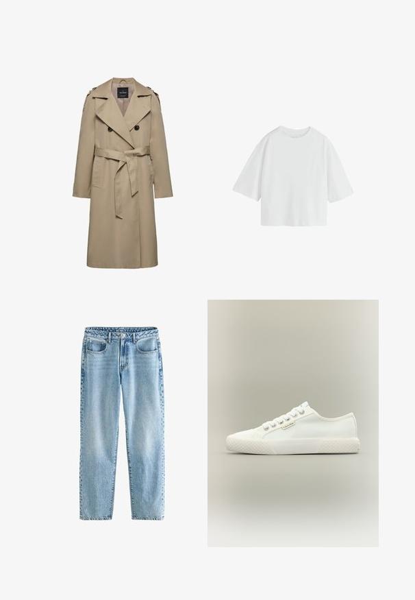 Beige dubbelgeknoopte trenchcoat met brede revers, riem in de taille, schouderepauletten en zijzakken, halflang met gevoerde binnenkant.; Effen witte oversized T-shirt met korte mouwen, een ronde hals en een losse pasvorm.; Lichtblauwe denim jeans met een relaxte pasvorm. Beschikt over vier zakken, een klassieke knoopsluiting en minimale vervaging voor een uniforme textuur.; Witte lage canvas sneaker met een getextureerde rubberen zool, witte veters en een klein Calvin Klein-label aan de zijkant.