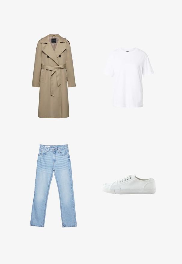 Beige dobbeltradet trenchcoat med brede slag, bælte i taljen, skulderstropper og sidelommer, mellemlang længde med foret indvendigt.; Enkelt hvid t-shirt med korte ærmer og rund hals, afslappet pasform og lille label inde i kraven.; Lyseblå denim-jeans med lige ben, fem lommer og knaplukning i taljen, lagt fladt på en hvid baggrund.; Hvid lavtop canvas-sneaker med snørebånd foran, gummisål og struktureret tåhætte, vist fra ydersiden mod en hvid baggrund.
