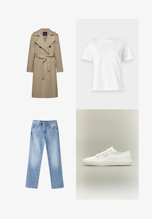Beige dubbelgeknoopte trenchcoat met brede revers, riem in de taille, schouderepauletten en zijzakken, halflang met gevoerde binnenkant.; Witte katoenen t-shirt met korte mouwen, ronde halslijn en een ontspannen pasvorm. Gladde textuur, geen patronen of accenten, minimalistisch ontwerp.; Lichtblauwe rechtgesneden spijkerbroek met voorzakken, riemlussen en een knoopsluiting in de taille.; Witte lage canvas sneaker met een getextureerde rubberen zool, witte veters en een klein Calvin Klein-label aan de zijkant.