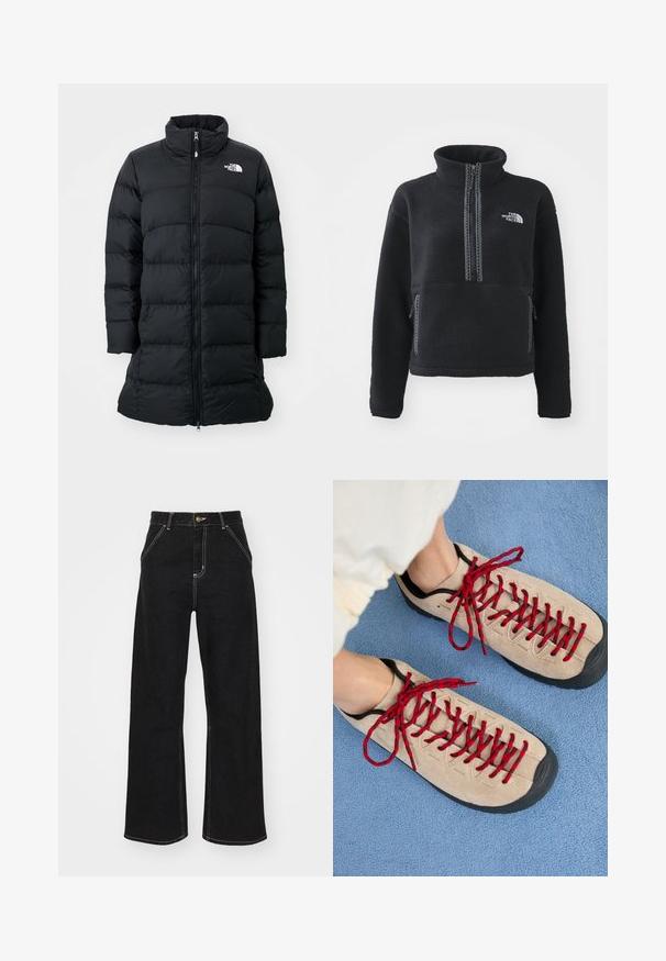 Zwarte pufferjas met een hoge kraag, ritssluiting aan de voorkant en gestikte horizontale naden, met een logo op de linkerkant van de borst. Middellange ontwerp.; Zwarte fleece trui met hoge kraag, kwart rits, borstzak en contrasterende stiksels. Voorzien van het The North Face-logo op de borst.; Zwart wijde jeans gemaakt van denim. Voorzien van contrasterende witte stiksels, voorkanten zakken en een knoopsluiting in de taille.; Beige schoenen met rode veters, geplaatst op een blauwe, gestructureerde ondergrond, onthullen gedeeltelijk de enkel van een persoon. De schoenen hebben een sportief ontwerp.