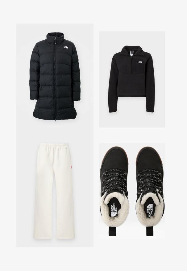 Sort pufferjakke med højt krave, lynlås foran og quiltede horisontale sømme, med et logo på venstre bryst. Mellemlang model.; Sort fleece pullover med en kvart lynlås, høj krave og en brystlomme med et hvidt logo. Blød tekstur og cropped design.; Cremefarvede bukser med lige ben, elastisk talje og lille rødt mærke på højre side, vist mod en ensartet lys baggrund.; Sorte vandtætte ankelstøvler med for af faux pels, tekstureret stof, snørebånd med hvidt og sort mønster samt en løkker ved hælen.