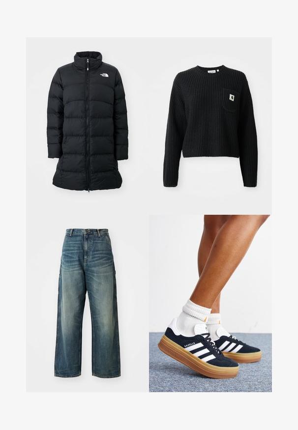 Schwarze Daunenjacke mit hohem Kragen, Reißverschluss auf der Vorderseite und gesteppten horizontalen Nähten, mit einem Logo auf der linken Brust. Mittellanges Design.; Schwarzer gerippter Strickpullover mit rundem Ausschnitt, langen Ärmeln und einer Fronttasche mit einem kleinen Logopatch. Verkürzte Länge.; Weite Denim-Jeans in einem ausgewaschenen Blauton. Verfügbar mit einem Knopfverschluss, fünf Taschen und sichtbaren Nähten. Das Material hat eine glatte Textur.; Beine mit weißen Socken und schwarzen Adidas Gazelle Sneakers mit weißen Streifen und dicken braunen Sohlen auf einem grauen Teppichboden.
