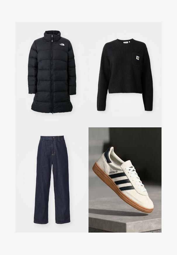 Sort pufferjakke med højt krave, lynlås foran og quiltede horisontale sømme, med et logo på venstre bryst. Mellemlang model.; Sort ribbenstrikket sweater med rund hals, lange ærmer og en frontlomme med et lille logo patch. Forkortet længde.; Mørkeblå lige ben denim jeans med bæltestropper, frontknap og sidelommer på en hvid baggrund.; Hvide ruskinds sneakers med marineblå striber, gummisål, struktureret overdel, rund tå og snøring; har branding på siden og tungen.
