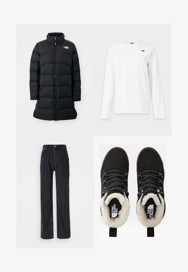 Sort pufferjakke med højt krave, lynlås foran og quiltede horisontale sømme, med et logo på venstre bryst. Mellemlang model.; Hvid langærmet T-shirt med rund hals og lille sort The North Face-logo på venstre bryst.; Højtaljede sorte denimjeans med lodrette striber, lige ben og metalknaplukning fortil.; Sorte vandtætte ankelstøvler med for af faux pels, tekstureret stof, snørebånd med hvidt og sort mønster samt en løkker ved hælen.