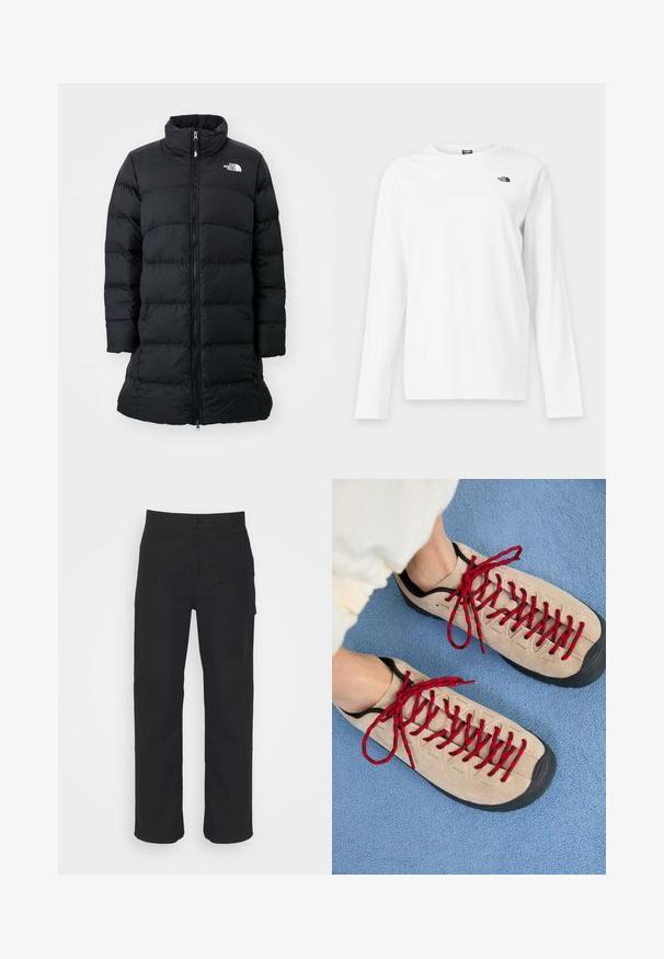 Sort pufferjakke med højt krave, lynlås foran og quiltede horisontale sømme, med et logo på venstre bryst. Mellemlang model.; Hvid langærmet T-shirt med rund hals og lille sort The North Face-logo på venstre bryst.; Sorte bomuldsbukser med lige pasform, knaplukning og bæltestropper. Har et klassisk design uden synlige lommer.; Beige sko med røde snørebånd, placeret på en blå tekstureret overflade, delvist synliggørende en persons ankel. Skoene har et sporty design.