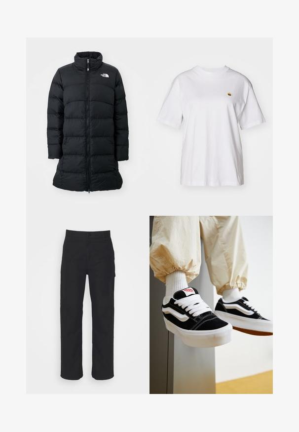 Mustmust coat kõrge krae, lukuga esiosa ja horisontaalsete õmblemistega, vasakul rinnal logo. Keskmise pikkusega disain.; Valge puuvillane T-särk, millel on lõdva lõikega, lühikesed varrukad ja väike broderi logo vasakul rinnakarpi.; Mustadest puuvillast püksid sirge lõikega, nööpkinnitusega ja vöödega. Omab klassikalist disaini, ilma nähtavate taskuteta.; Isik, kes kannab mustvalgeid Vansi tossusid valgete paelte, valgete sokkide ja beežide elastsete mansettidega pükstega.