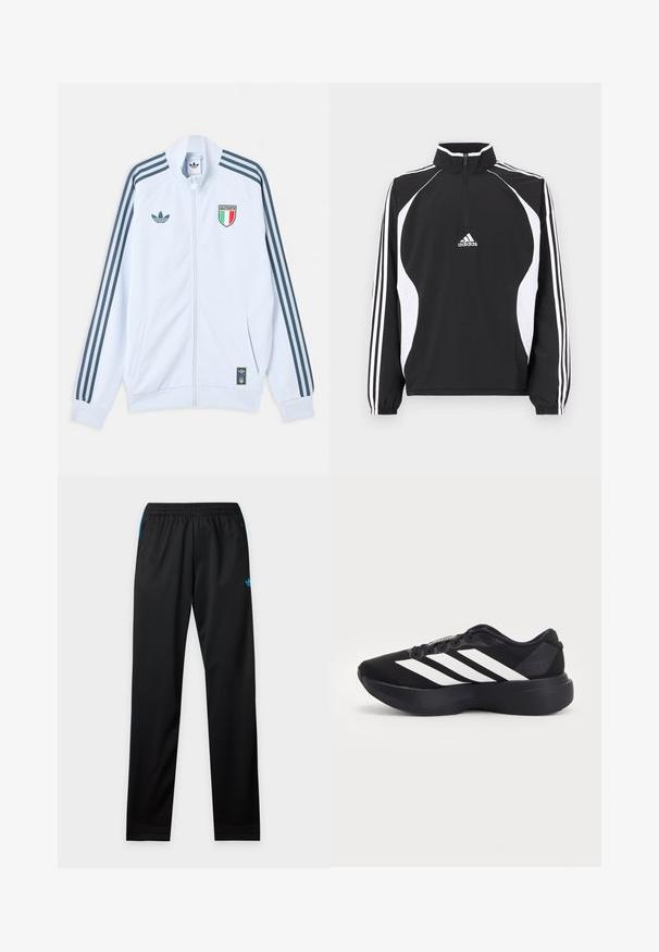 Λευκό μπουφάν Adidas με φερμουάρ και σκούρες μπλε ρίγες στα μανίκια, έμβλημα Ιταλίας στο στήθος και λογότυπο Adidas στο μπροστινό μέρος και στο κάτω άκρο.; Μαύρο μπουφάν με φερμουάρ και λευκές λεπτομέρειες, που διαθέτει ψηλό γιακά, μακριά μανίκια και τρεις λευκές ρίγες σε κάθε μανίκι. Τα υλικά είναι λεία.; Μαύρο αθλητικό παντελόνι με ελαστική μέση, πλαϊνές τσέπες με φερμουάρ και μικρό μπλε λογότυπο Adidas στο πάνω αριστερό μηρό.; Μαύρο αθλητικό παπούτσι με χοντρή σόλα και τρεις λευκές διαγώνιες ρίγες στο πλάι, εμφανιζόμενο από την εξωτερική πλευρά.