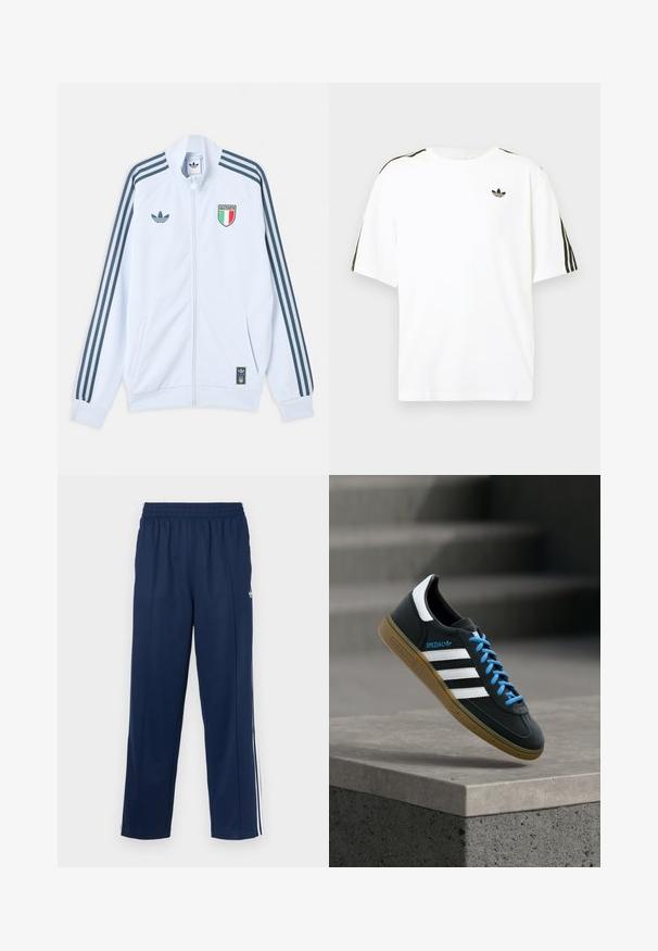 Λευκό μπουφάν Adidas με φερμουάρ και σκούρες μπλε ρίγες στα μανίκια, έμβλημα Ιταλίας στο στήθος και λογότυπο Adidas στο μπροστινό μέρος και στο κάτω άκρο.; Λευκό βαμβακερό t-shirt με κοντά μανίκια, με μαύρες τρεις ρίγες στους ώμους και ένα μικρό μαύρο λογότυπο στο στήθος.; Αθλητικό παντελόνι σε ναυτικό μπλε χρώμα με υφή, ελαστική μέση και λευκές πλευρικές ρίγες. Διαθέτει ίσια γραμμή και χωρίς τσέπες.; Μαύρο αθλητικό παπούτσι Adidas με λευκές ρίγες, μπλε κορδόνια και καουτσούκ σόλα να αιωρείται πάνω από γκρίζο τσιμεντένιο σκαλοπάτι σε απαλό φως.