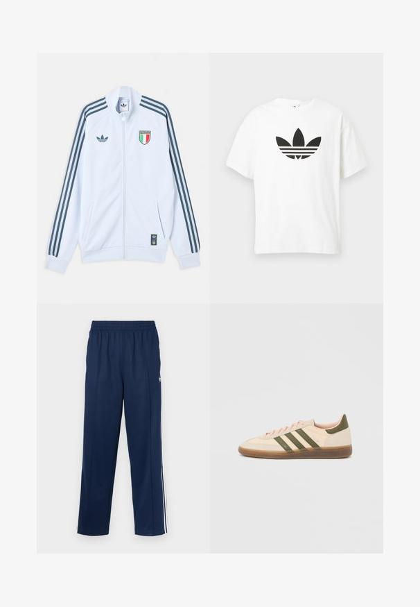 Λευκό μπουφάν Adidas με φερμουάρ και σκούρες μπλε ρίγες στα μανίκια, έμβλημα Ιταλίας στο στήθος και λογότυπο Adidas στο μπροστινό μέρος και στο κάτω άκρο.; Λευκό βαμβακερό μπλουζάκι με μεγάλο μαύρο λογότυπο trefoil της Adidas και τρεις οριζόντιες γνωστές ρίγες από κάτω. Κοντά μανίκια, στρογγυλή λαιμόκοψη.; Αθλητικό παντελόνι σε ναυτικό μπλε χρώμα με υφή, ελαστική μέση και λευκές πλευρικές ρίγες. Διαθέτει ίσια γραμμή και χωρίς τσέπες.; Χαμηλού προφίλ μπεζ αθλητικό παπούτσι Adidas Spezial με πράσινες ρίγες, σόλα από καουτσούκ και την επωνυμία "SPEZIAL" στην πλευρά, εμφανίζεται από την εξωτερική πλευρά.