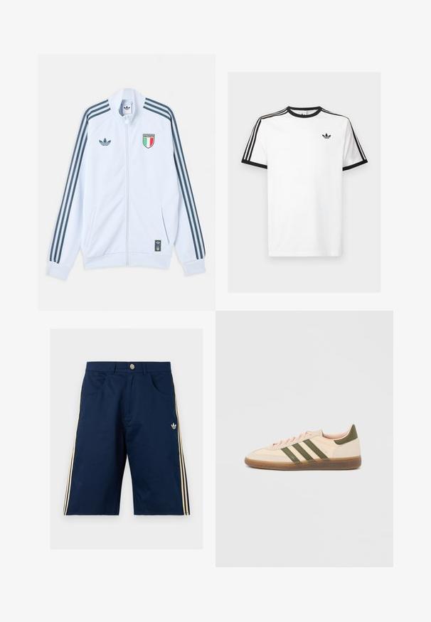Λευκό μπουφάν Adidas με φερμουάρ και σκούρες μπλε ρίγες στα μανίκια, έμβλημα Ιταλίας στο στήθος και λογότυπο Adidas στο μπροστινό μέρος και στο κάτω άκρο.; Λευκό βαμβακερό t-shirt με μαύρο ριγωτό λαιμό και μανίκια, διαθέτει τρεις μαύρες ρίγες σε κάθε ώμο και ένα μικρό λογότυπο στο στήθος.; Σκούρο μπλε σορτς Adidas με μπεζ τρεις ρίγες στα πλάγια, μπροστινές τσέπες, κούμπωμα με κουμπί και λογότυπο Adidas trefoil στο δεξί πόδι.; Χαμηλού προφίλ μπεζ αθλητικό παπούτσι Adidas Spezial με πράσινες ρίγες, σόλα από καουτσούκ και την επωνυμία "SPEZIAL" στην πλευρά, εμφανίζεται από την εξωτερική πλευρά.