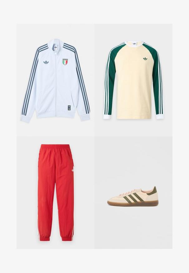 Λευκό μπουφάν Adidas με φερμουάρ και σκούρες μπλε ρίγες στα μανίκια, έμβλημα Ιταλίας στο στήθος και λογότυπο Adidas στο μπροστινό μέρος και στο κάτω άκρο.; Μπεζ πουκάμισο με μακριά μανίκια με σκούρα πράσινα raglan μανίκια, λευκά μανσέτες, λευκές ρίγες στα μανίκια και μικρό πράσινο λογότυπο Adidas στο στήθος.; Κόκκινο αθλητικό παντελόνι από ελαφρύ υλικό, με ελαστική μέση, λευκές πλευρικές ρίγες και μικρό λογότυπο στο πάνω μέρος του ποδιού.; Χαμηλού προφίλ μπεζ αθλητικό παπούτσι Adidas Spezial με πράσινες ρίγες, σόλα από καουτσούκ και την επωνυμία "SPEZIAL" στην πλευρά, εμφανίζεται από την εξωτερική πλευρά.
