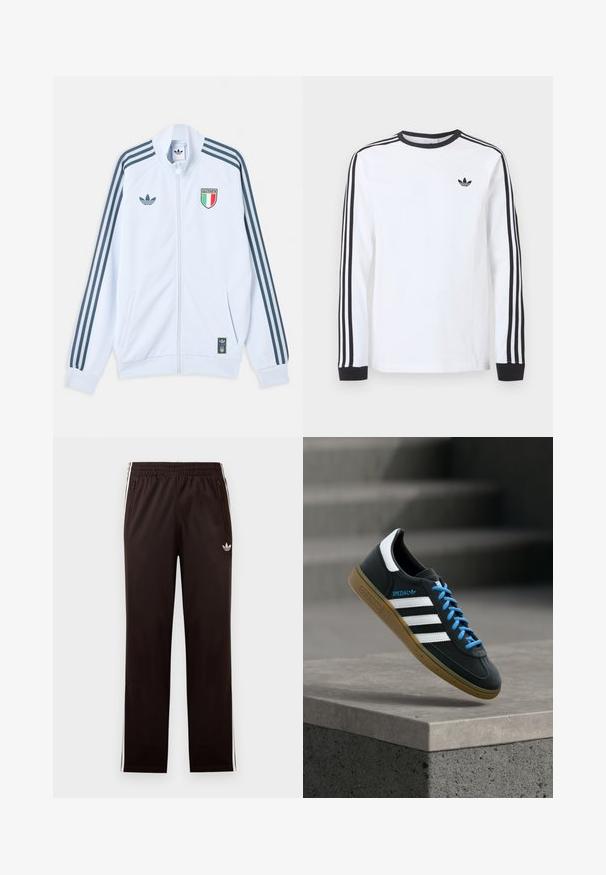 Λευκό μπουφάν Adidas με φερμουάρ και σκούρες μπλε ρίγες στα μανίκια, έμβλημα Ιταλίας στο στήθος και λογότυπο Adidas στο μπροστινό μέρος και στο κάτω άκρο.; Λευκό μπλουζάκι Adidas με μακριά μανίκια, μαύρο στρογγυλό λαιμόκοψη, μαύρα μανσέτα, τρεις μαύρες ρίγες στα μανίκια και μαύρο λογότυπο trefoil στο στήθος.; Μαύρο παντελόνι φόρμας Adidas με ελαστική μέση, λευκές ρίγες στα πλάγια, τσέπες με φερμουάρ και μικρό λογότυπο τριφύλλι στο αριστερό μηρό.; Μαύρο αθλητικό παπούτσι Adidas με λευκές ρίγες, μπλε κορδόνια και καουτσούκ σόλα να αιωρείται πάνω από γκρίζο τσιμεντένιο σκαλοπάτι σε απαλό φως.