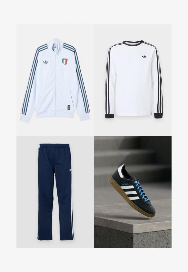 Λευκό μπουφάν Adidas με φερμουάρ και σκούρες μπλε ρίγες στα μανίκια, έμβλημα Ιταλίας στο στήθος και λογότυπο Adidas στο μπροστινό μέρος και στο κάτω άκρο.; Λευκό μπλουζάκι Adidas με μακριά μανίκια, μαύρο στρογγυλό λαιμόκοψη, μαύρα μανσέτα, τρεις μαύρες ρίγες στα μανίκια και μαύρο λογότυπο trefoil στο στήθος.; Ναυτικό μπλε αθλητικό παντελόνι με ελαστική μέση, λευκές ρίγες στο πλάι και κεντητό λογότυπο στο αριστερό μηρό. Λείο ύφασμα.; Μαύρο αθλητικό παπούτσι Adidas με λευκές ρίγες, μπλε κορδόνια και καουτσούκ σόλα να αιωρείται πάνω από γκρίζο τσιμεντένιο σκαλοπάτι σε απαλό φως.