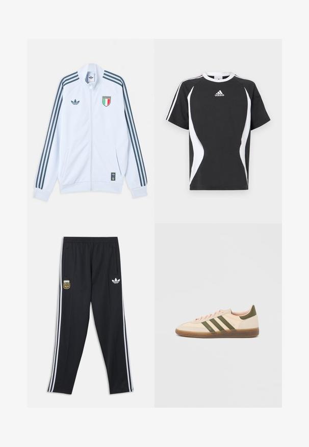 Λευκό μπουφάν Adidas με φερμουάρ και σκούρες μπλε ρίγες στα μανίκια, έμβλημα Ιταλίας στο στήθος και λογότυπο Adidas στο μπροστινό μέρος και στο κάτω άκρο.; Μαύρο κοντομάνικο μπλουζάκι με λευκές σχεδιαστικές λεπτομέρειες και λογότυπο Adidas στο στήθος. Κατασκευασμένο από απαλό βαμβακερό ύφασμα με στρογγυλή λαιμόκοψη.; Μαύρο αθλητικό παντελόνι Adidas με λευκές πλαϊνές ρίγες, ελαστική μέση, έμβλημα της Αργεντινής Ποδοσφαιρικής Ομοσπονδίας στον αριστερό μηρό και λογότυπο Adidas στον δεξί μηρό.; Χαμηλού προφίλ μπεζ αθλητικό παπούτσι Adidas Spezial με πράσινες ρίγες, σόλα από καουτσούκ και την επωνυμία "SPEZIAL" στην πλευρά, εμφανίζεται από την εξωτερική πλευρά.