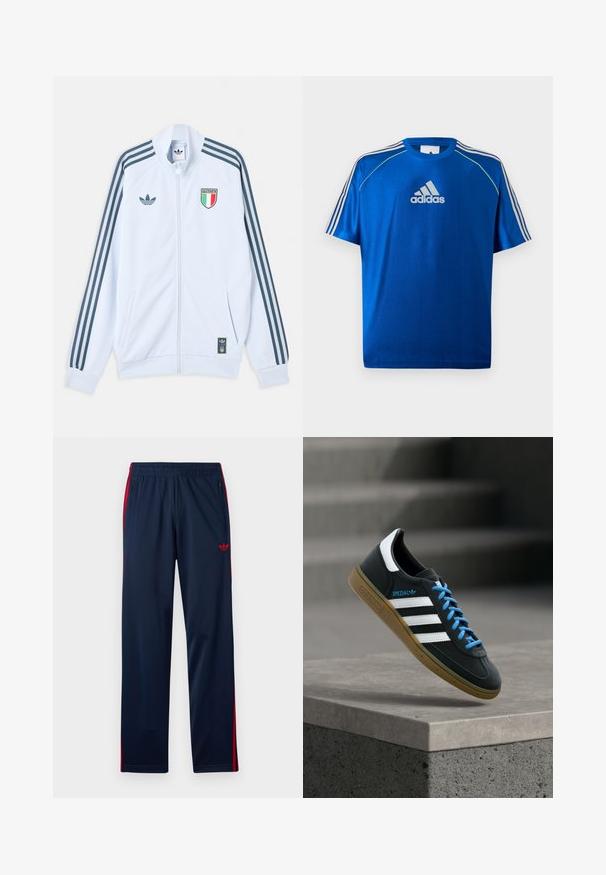 Λευκό μπουφάν Adidas με φερμουάρ και σκούρες μπλε ρίγες στα μανίκια, έμβλημα Ιταλίας στο στήθος και λογότυπο Adidas στο μπροστινό μέρος και στο κάτω άκρο.; Μπλε αθλητική μπλούζα Adidas με λευκό λογότυπο στο στήθος, λευκές ρίγες στους ώμους και νέον κίτρινο περίγραμμα στις ραφές των ώμων.; Αθλητικό παντελόνι σε ναυτικό μπλε με κόκκινες ρίγες στο πλάι, ελαστική μέση, τσέπες με φερμουάρ και κόκκινο λογότυπο Adidas trefoil στο αριστερό μηρό.; Μαύρο αθλητικό παπούτσι Adidas με λευκές ρίγες, μπλε κορδόνια και καουτσούκ σόλα να αιωρείται πάνω από γκρίζο τσιμεντένιο σκαλοπάτι σε απαλό φως.