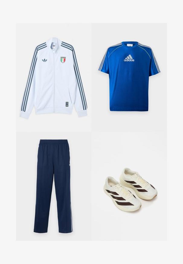 Λευκό μπουφάν Adidas με φερμουάρ και σκούρες μπλε ρίγες στα μανίκια, έμβλημα Ιταλίας στο στήθος και λογότυπο Adidas στο μπροστινό μέρος και στο κάτω άκρο.; Μπλε αθλητική μπλούζα Adidas με λευκό λογότυπο στο στήθος, λευκές ρίγες στους ώμους και νέον κίτρινο περίγραμμα στις ραφές των ώμων.; Αθλητικό παντελόνι σε ναυτικό μπλε χρώμα με υφή, ελαστική μέση και λευκές πλευρικές ρίγες. Διαθέτει ίσια γραμμή και χωρίς τσέπες.; Ανοιχτόχρωμα αθλητικά παπούτσια με σκούρες καφέ διαγωνίους ρίγες, υφασμάτινο επάνω μέρος με υφή και μαλακή σόλα. Διαθέτει κίτρινη σήμανση "ADIZERO".