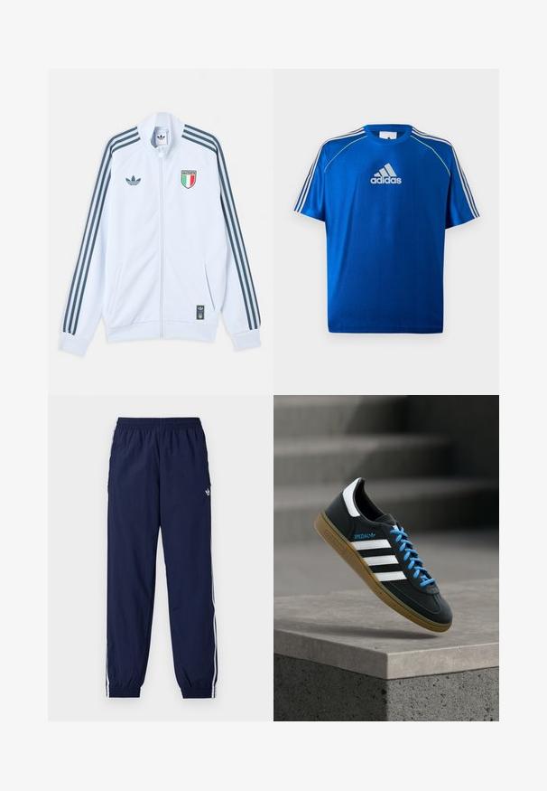 Λευκό μπουφάν Adidas με φερμουάρ και σκούρες μπλε ρίγες στα μανίκια, έμβλημα Ιταλίας στο στήθος και λογότυπο Adidas στο μπροστινό μέρος και στο κάτω άκρο.; Μπλε αθλητική μπλούζα Adidas με λευκό λογότυπο στο στήθος, λευκές ρίγες στους ώμους και νέον κίτρινο περίγραμμα στις ραφές των ώμων.; Σκούρο μπλε παντελόνι φόρμας από ελαφρύ ύφασμα, με λευκές ρίγες στο πλάι, ελαστική μέση και μικρό λογότυπο.; Μαύρο αθλητικό παπούτσι Adidas με λευκές ρίγες, μπλε κορδόνια και καουτσούκ σόλα να αιωρείται πάνω από γκρίζο τσιμεντένιο σκαλοπάτι σε απαλό φως.