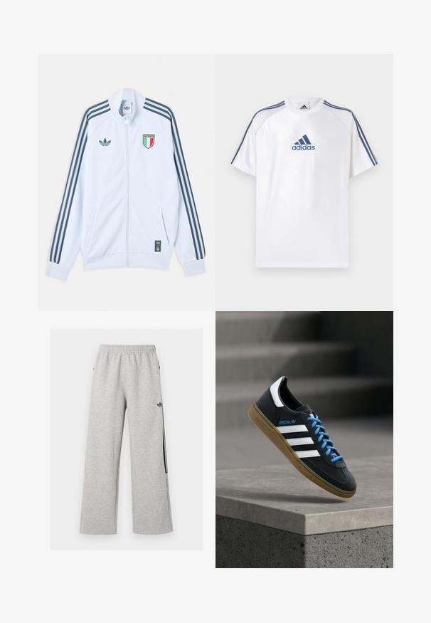 Λευκό μπουφάν Adidas με φερμουάρ και σκούρες μπλε ρίγες στα μανίκια, έμβλημα Ιταλίας στο στήθος και λογότυπο Adidas στο μπροστινό μέρος και στο κάτω άκρο.; Λευκό μπλουζάκι Adidas με μπλε λεπτομέρειες, κοντά μανίκια και στρογγυλή λαιμόκοψη. Φέρει το λογότυπο Adidas σε μπλε χρώμα στο μπροστινό μέρος και τρεις ρίγες στους ώμους.; Ανοιχτό γκρι φαρδυές φόρμες με ελαστική μέση και μαύρο λογότυπο Adidas trefoil στο δεξί μηρό.; Μαύρο αθλητικό παπούτσι Adidas με λευκές ρίγες, μπλε κορδόνια και καουτσούκ σόλα να αιωρείται πάνω από γκρίζο τσιμεντένιο σκαλοπάτι σε απαλό φως.