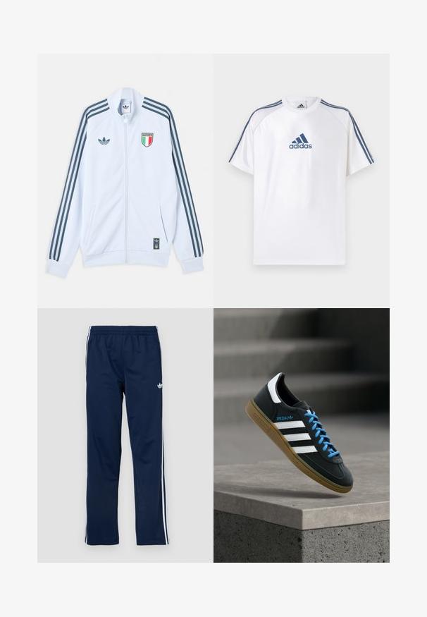 Λευκό μπουφάν Adidas με φερμουάρ και σκούρες μπλε ρίγες στα μανίκια, έμβλημα Ιταλίας στο στήθος και λογότυπο Adidas στο μπροστινό μέρος και στο κάτω άκρο.; Λευκό μπλουζάκι Adidas με μπλε λεπτομέρειες, κοντά μανίκια και στρογγυλή λαιμόκοψη. Φέρει το λογότυπο Adidas σε μπλε χρώμα στο μπροστινό μέρος και τρεις ρίγες στους ώμους.; Ναυτικό μπλε αθλητικό παντελόνι με ελαστική μέση, λευκές ρίγες στο πλάι και κεντητό λογότυπο στο αριστερό μηρό. Λείο ύφασμα.; Μαύρο αθλητικό παπούτσι Adidas με λευκές ρίγες, μπλε κορδόνια και καουτσούκ σόλα να αιωρείται πάνω από γκρίζο τσιμεντένιο σκαλοπάτι σε απαλό φως.
