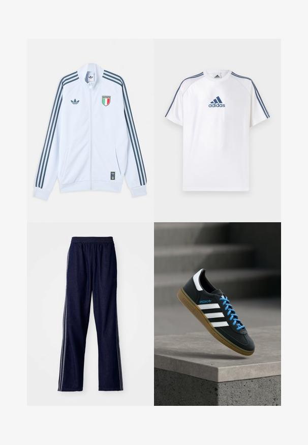 Λευκό μπουφάν Adidas με φερμουάρ και σκούρες μπλε ρίγες στα μανίκια, έμβλημα Ιταλίας στο στήθος και λογότυπο Adidas στο μπροστινό μέρος και στο κάτω άκρο.; Λευκό μπλουζάκι Adidas με μπλε λεπτομέρειες, κοντά μανίκια και στρογγυλή λαιμόκοψη. Φέρει το λογότυπο Adidas σε μπλε χρώμα στο μπροστινό μέρος και τρεις ρίγες στους ώμους.; Ναυτικό μπλε αθλητικές παντελόνες με ελαστική μέση, με τρεις λευκές λωρίδες στο πλάι και ίσια γραμμή. Μαλακή υφή τζιν.; Μαύρο αθλητικό παπούτσι Adidas με λευκές ρίγες, μπλε κορδόνια και καουτσούκ σόλα να αιωρείται πάνω από γκρίζο τσιμεντένιο σκαλοπάτι σε απαλό φως.