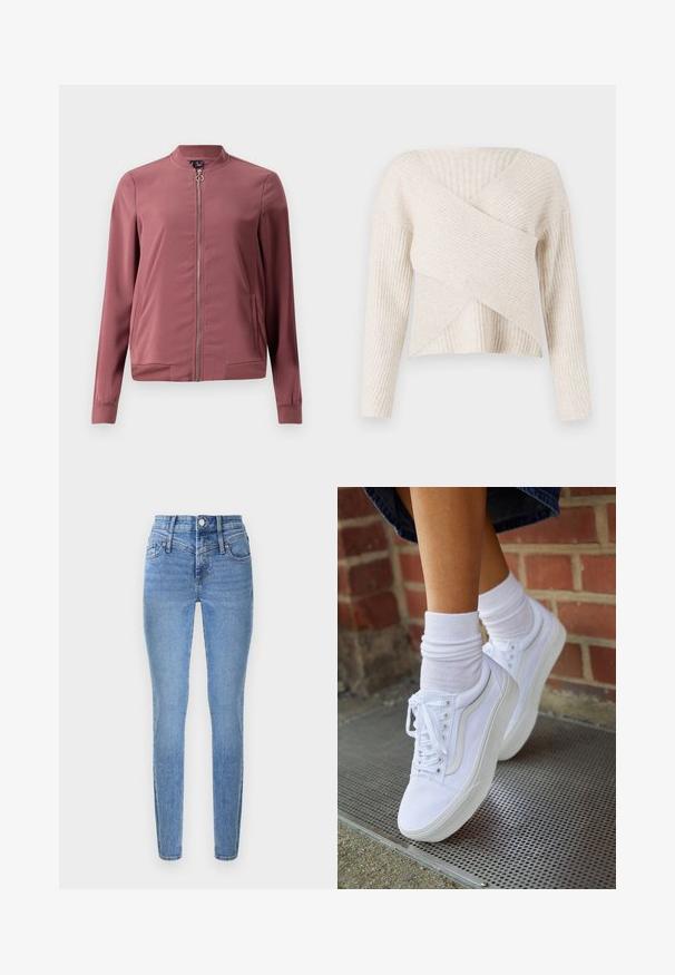 Letthvægts, kastanjemaroon bomberjakke med rund krave, frontlynlås og to sidelommer. Har ribbede manchetter og kant for et tætsiddende look.; Kremfarvet ribstrikket sweater med et crossover-design, lange ærmer og en blød tekstur. Har en V-udskæring og en cropped silhuet.; Smaltsiddende jeans i lyseblåt denim med høj talje, to forlommer og lynlåslukning. Har en glat tekstur og subtil falmning.; Hvide lærreds sneakers med gummisåler, der har seks snørehuller, rund tå og let sømdetaljer, krydret med hvide ankelstrømper.