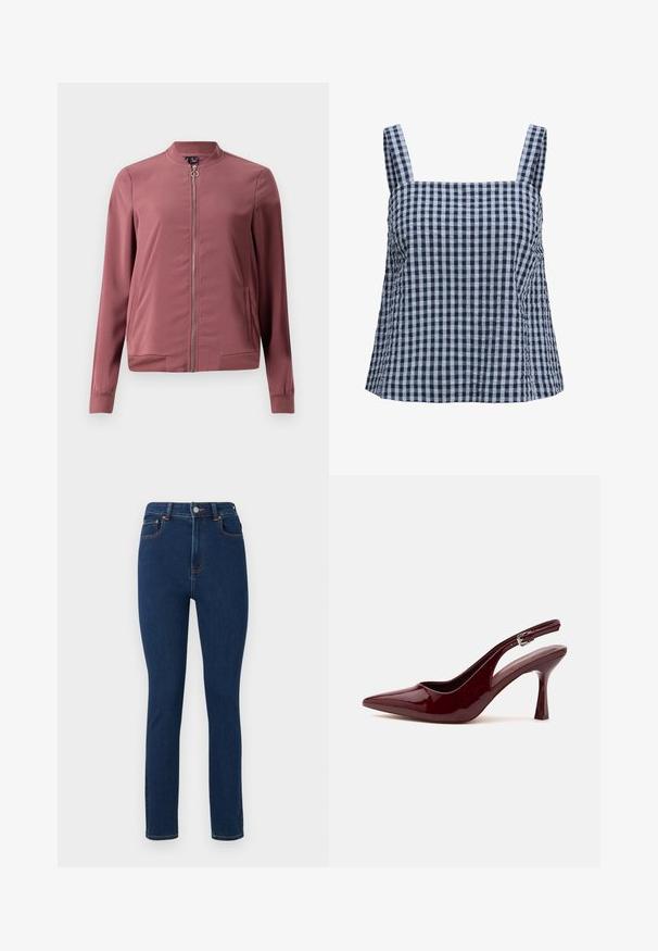 Veste bomber légère de couleur bordeaux avec un col rond, fermeture éclair avant et deux poches latérales. Présente des poignets et un ourlet côtelés pour un look ajusté.; Débardeur en coton à carreaux bleu marine et bleu clair, avec encolure carrée et larges bretelles, présentant un ruché sur les côtés et une coupe décontractée.; Jeans en denim bleu foncé avec une taille haute, coupe droite, poches avant et coutures orange contrastantes le long des coutures. Design propre et minimaliste.; Chaussure à talon haut slingback rouge foncé brillant à bout pointu, avec une fine bride réglable et un talon aiguille effilé sur fond blanc.