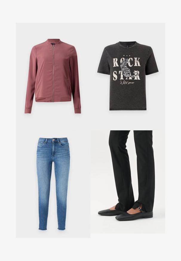 Veste bomber légère de couleur bordeaux avec un col rond, fermeture éclair avant et deux poches latérales. Présente des poignets et un ourlet côtelés pour un look ajusté.; T-shirt en coton noir avec un texte blanc audacieux "ROCK STAR" et un design de silhouette de chat scintillant. Encolure ras du cou et manches courtes.; Jean skinny bleu clair avec un délavage, en denim. Comprend quatre poches, des passants de ceinture et des ourlets effilochés aux chevilles.; Jambes vêtues d’un pantalon slim noir avec des fentes à l’avant de l’ourlet, assorties à des chaussures plates Mary Jane noires avec une petite bride à boucle.