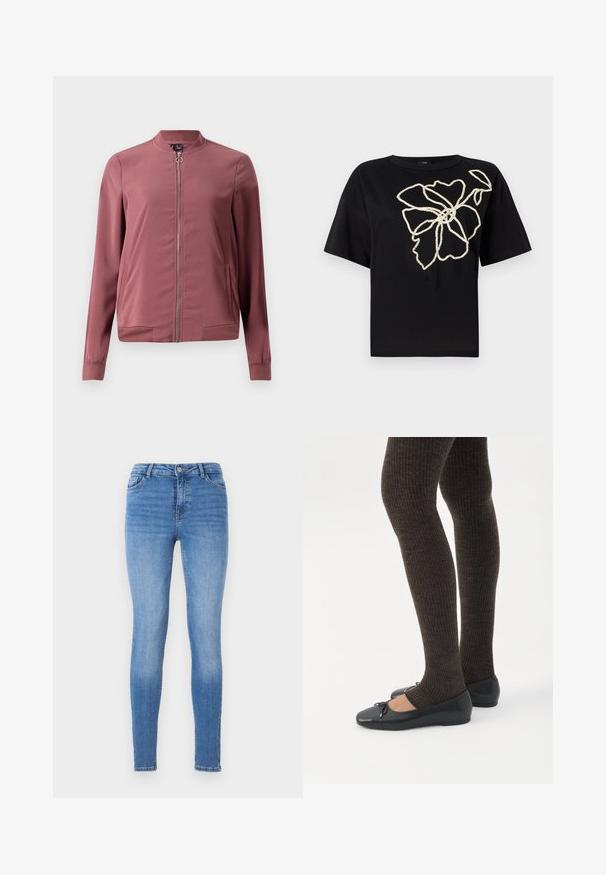 Letthvægts, kastanjemaroon bomberjakke med rund krave, frontlynlås og to sidelommer. Har ribbede manchetter og kant for et tætsiddende look.; Sort kortærmet t-shirt med et blomsterdesign i struktureret crememønster broderi på forsiden, der har en afslappet pasform og rund hals.; Slanke jeans i lyseblå denim med mellemhøj talje, fem-pockets design og tonal syning med en glat tekstur.; Ben iført mørke ribbede leggings kombineret med sorte balletsko med små sløjfedetaljer på hvid baggrund.