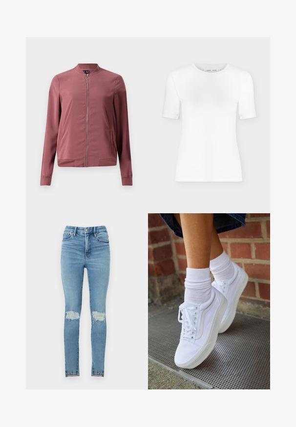 Veste bomber légère de couleur bordeaux avec un col rond, fermeture éclair avant et deux poches latérales. Présente des poignets et un ourlet côtelés pour un look ajusté.; T-shirt blanc à manches courtes avec col rond, coupe slim et texture de tissu côtelé, présenté sur un fond uni gris clair.; Good American BABY STEP HEM - Jeans Skinny - indigo; Baskets en toile blanches avec semelles en caoutchouc, dotées de six œillets, d'un bout rond et de détails de couture légers, portées avec des chaussettes blanches mi-mollet.