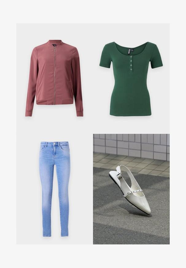 Veste bomber légère de couleur bordeaux avec un col rond, fermeture éclair avant et deux poches latérales. Présente des poignets et un ourlet côtelés pour un look ajusté.; Haut à manches courtes côtelé en vert foncé avec un décolleté en forme de cœur. Dispose d'une fermeture à boutons avec des pressions argentées. Texture douce.; Jean skinny bleu clair avec un délavage, comprenant un design à cinq poches, une fermeture à bouton à l'avant et un ourlet net.; Chaussure plate slingback blanche pointue avec deux boucles argentées, présentée en extérieur sur un sol texturé et un mur carrelé en arrière-plan.