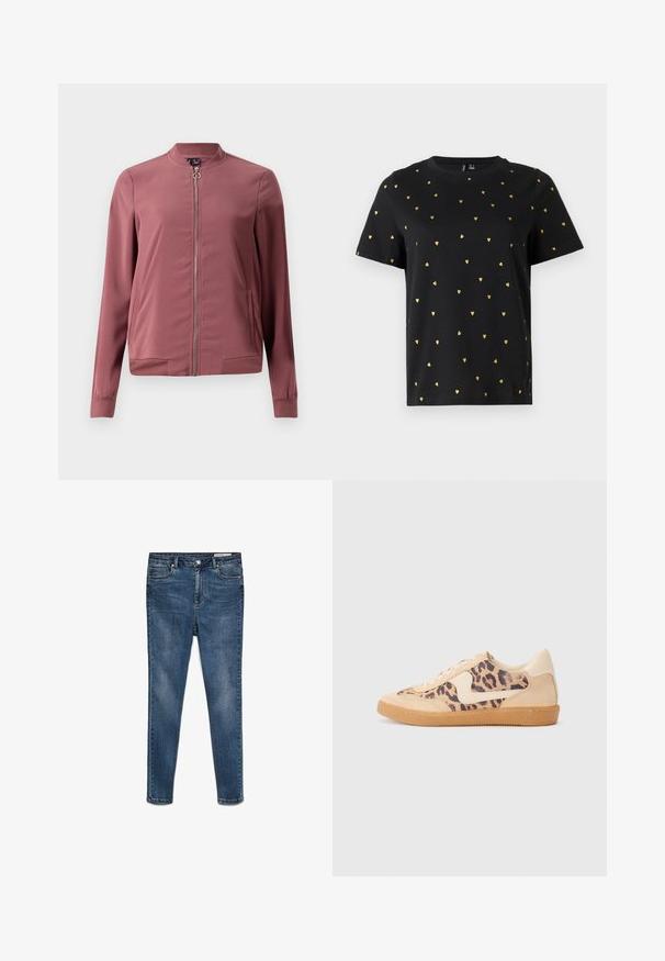 Chaqueta bomber ligera color burdeos con cuello redondo, cierre frontal y dos bolsillos laterales. Presenta puños y dobladillo acanalados para un ajuste ceñido.; Camiseta negra de manga corta hecha de algodón, con pequeños patrones de corazones dorados distribuidos uniformemente por toda la tela. Cuello redondo.; Jeans skinny de mezclilla azul oscuro con una cintura de altura media, cinco bolsillos y un desgaste sutil. Presenta cierre de botón y cremallera.; Zapatillas de leopardo con parte superior de ante beige, suela de goma marrón y acentos blancos. Punta redonda y diseño con cordones con un acabado texturado.