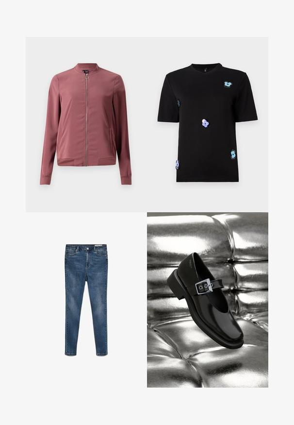 Letthvægts, kastanjemaroon bomberjakke med rund krave, frontlynlås og to sidelommer. Har ribbede manchetter og kant for et tætsiddende look.; Sort t-shirt lavet af bomuld, med korte ærmer og rund halsudskæring. Accentueret med multicolorer blomsterapplikationer.; Mørkeblå denim skinny jeans med mellem-høj talje, fem lommer og subtilt slid. Har knap- og lynlås-lukning.; Sorte læder Mary Jane sko med firkantet tå, en sølv spænde accent og en chunky lav hæl, sat mod en glansfuld sølv baggrund.