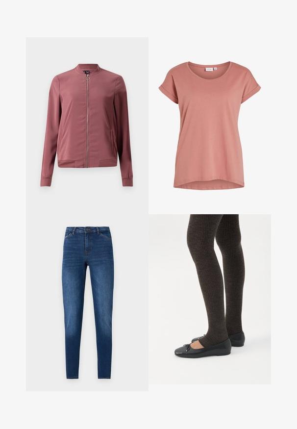 Veste bomber légère de couleur bordeaux avec un col rond, fermeture éclair avant et deux poches latérales. Présente des poignets et un ourlet côtelés pour un look ajusté.; T-shirt rose femme à manches courtes avec encolure ronde et bords de manches retroussés, design uni et ourlet légèrement arrondi.; Jeans skinny en denim bleu foncé, présentant une texture lisse, un design classique à cinq poches et des accents de couture minimalistes.; Jambes portant des leggings côtelés foncés associés à des ballerines noires avec de petits détails en nœud sur fond blanc.