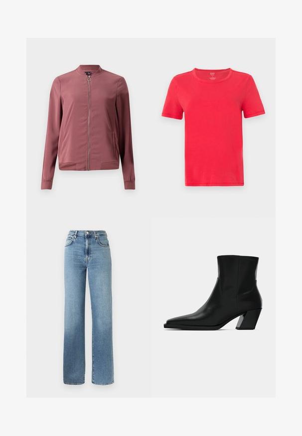 Veste bomber légère de couleur bordeaux avec un col rond, fermeture éclair avant et deux poches latérales. Présente des poignets et un ourlet côtelés pour un look ajusté.; T-shirt rouge à manches courtes en coton. Il présente un col rond classique et un design simple sans motifs ni accents.; Jean en denim bleu clair avec une taille haute, des jambes larges, cinq poches et une fermeture classique à boutons. Texture lisse avec un léger effet délavé.; Bottine en cuir noir avec un bout pointu, une silhouette élégante et un talon carré massif. Texture lisse avec des détails de couture minimalistes.