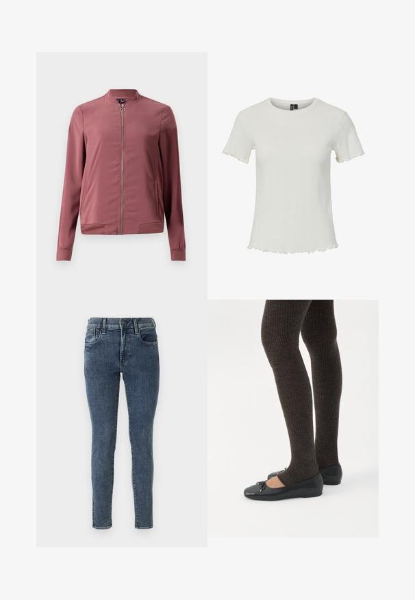 Letthvægts, kastanjemaroon bomberjakke med rund krave, frontlynlås og to sidelommer. Har ribbede manchetter og kant for et tætsiddende look.; Hvid kortærmet top med ribbet struktur, rund halsudskæring og bølgede kantdetaljer, designet til en tætsiddende silhuet.; Slank jeans i mørkeblå denim med subtil fading. Har en mellemhøj talje, fem lommer og kontrastsyninger langs sømmene.; Ben iført mørke ribbede leggings kombineret med sorte balletsko med små sløjfedetaljer på hvid baggrund.
