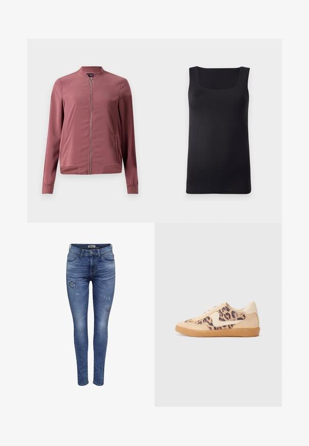 Letthvægts, kastanjemaroon bomberjakke med rund krave, frontlynlås og to sidelommer. Har ribbede manchetter og kant for et tætsiddende look.; Sort ærmeløs tank top med firkantet halsudskæring, lavet af glat stof, med en tætsiddende design og rene kanter, ingen synlige mønstre eller accenter.; Slanke jeans lavet af blå denim med slidte områder og distressed detaljer, der har et standard fem-lomme design og en knap-lynlås.; Leopardprint sneakers med beige ruskindsoverdel, tan gummisål og hvide detaljer. Rund pegefinger og snørebåndsdesign med en tekstureret finish.