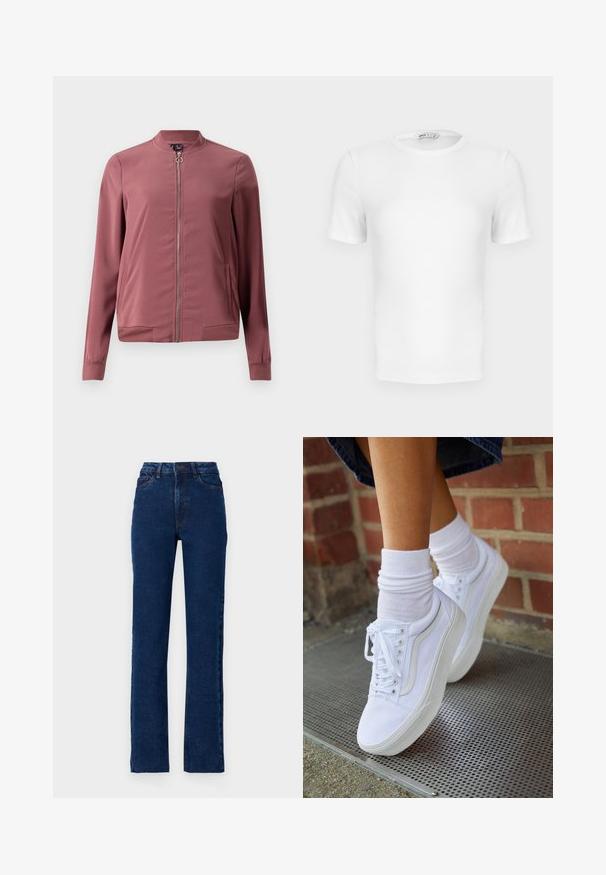 Letthvægts, kastanjemaroon bomberjakke med rund krave, frontlynlås og to sidelommer. Har ribbede manchetter og kant for et tætsiddende look.; Hvid ribstrikket T-shirt med korte ærmer, rund hals og tætsiddende pasform samt en lille mærkeetiket inde i kraven.; Høj talje mørkeblå denim jeans med lige ben, fem lommer og kontrasterende syninger langs sømmene.; Hvide lærreds sneakers med gummisåler, der har seks snørehuller, rund tå og let sømdetaljer, krydret med hvide ankelstrømper.