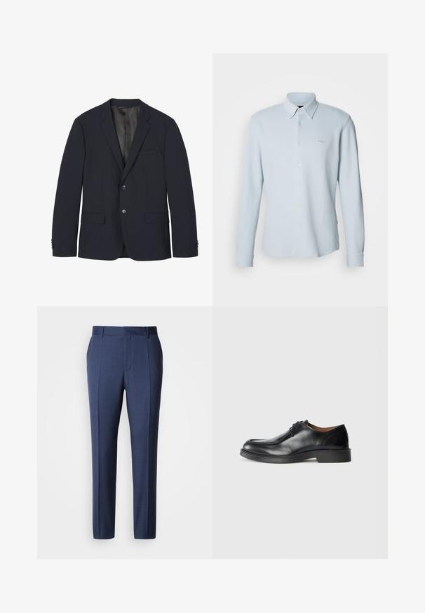 Blazer bleu marine foncé avec deux boutons, revers crantés, poche poitrine, deux poches avant à rabat et poignets boutonnés, présenté à plat sur fond blanc.; Chemise à manches longues bleu clair avec boutons. Fabriquée en tissu texturé avec un col classique, elle présente un logo subtil sur la poitrine et des poignets avec boutons.; Pantalon bleu marine sur mesure en tissu lisse, avec devant plat, passants pour ceinture et plis marqués pour un look soigné.; Chaussure de ville en cuir noir avec un bout arrondi, surface lisse, détails en dentelle et une semelle en caoutchouc texturée basse. Lignes épurées et design minimal.