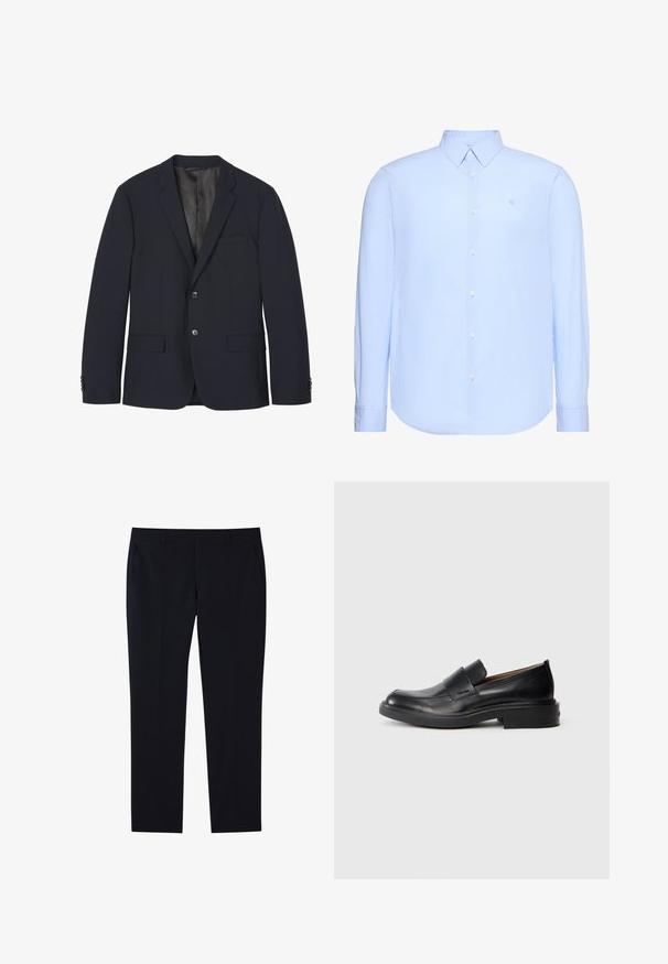 Blazer bleu marine foncé avec deux boutons, revers crantés, poche poitrine, deux poches avant à rabat et poignets boutonnés, présenté à plat sur fond blanc.; Chemise habillée pour homme à manches longues de couleur bleu clair avec des rayures verticales subtiles, col standard, boutonnage sur le devant et petit logo brodé sur la poitrine.; Pantalon noir droit sur mesure avec passants de ceinture, poches latérales et devant plat.; Chaussure habillée noire en cuir, à enfiler, avec un petit talon et un logo Calvin Klein discret sur le côté, présentée de profil sur un fond blanc.