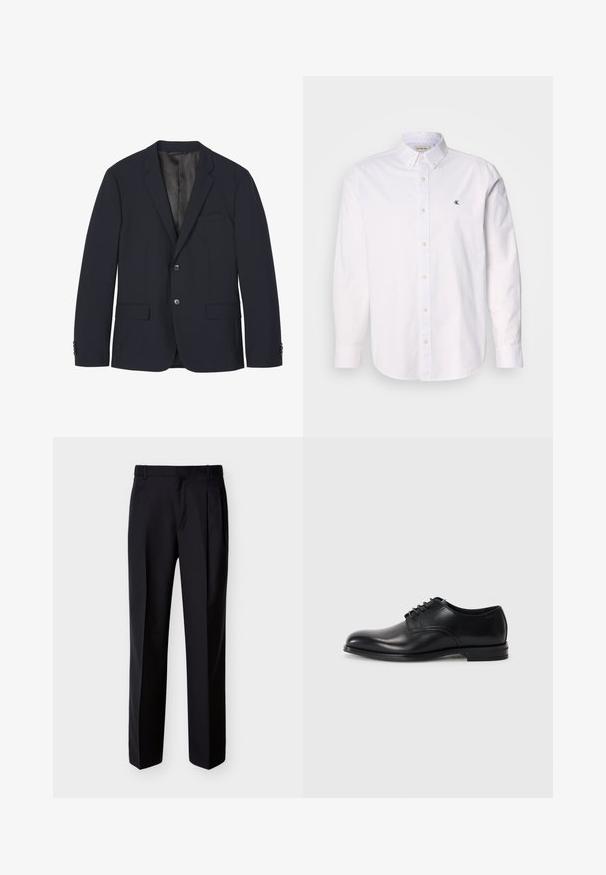 Blazer bleu marine foncé avec deux boutons, revers crantés, poche poitrine, deux poches avant à rabat et poignets boutonnés, présenté à plat sur fond blanc.; Chemise blanche à boutons en coton, avec un col classique, des manches longues, et un petit logo CK sur la poitrine gauche. Texture douce.; Pantalon noir ajusté à coupe droite, avec un devant plissé et des poches latérales. Confectionné dans un tissu lisse et léger à motif uni.; Chaussure habillée en cuir noir avec un bout arrondi, un lacet, une texture lisse et une semelle en caoutchouc basse. Détails de couture minimaux.