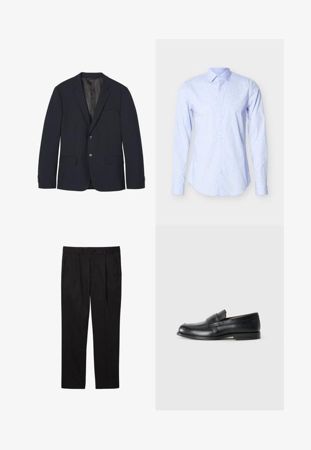 Blazer bleu marine foncé avec deux boutons, revers crantés, poche poitrine, deux poches avant à rabat et poignets boutonnés, présenté à plat sur fond blanc.; Chemise manches longues bleu clair en tissu doux, avec un motif floral subtil, fermeture boutonnée à l'avant et col classique.; Pantalons formels noirs pour hommes avec poches avant, passants pour ceinture, fermeture par bouton et coupe droite.; Mocassins en cuir noir avec un bout rond, des détails cousus et une semelle en caoutchouc plate. Présentent une large bande sur le cou-de-pied.