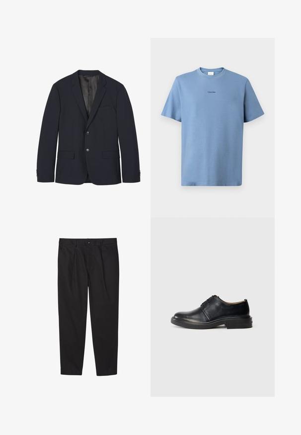 Blazer bleu marine foncé avec deux boutons, revers crantés, poche poitrine, deux poches avant à rabat et poignets boutonnés, présenté à plat sur fond blanc.; T-shirt en coton bleu clair avec des manches courtes, col rond et un logo "Calvin Klein" subtil en noir sur la poitrine. Texture lisse.; Pantalon noir sur mesure avec passants pour ceinture, fermeture avant à boutons, poches latérales, et coupe droite sur fond blanc.; Chaussure oxford en cuir noir avec un bout rond, un laçage à l'avant et un petit talon empilé, sur fond clair.