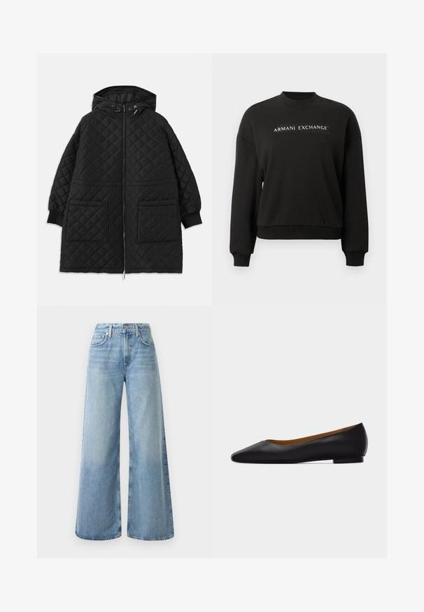 Abrigo acolchado negro con capucha, cierre frontal, dos grandes bolsillos de parche, mangas con puños y cordones ajustables en la capucha.; Sudadera negra con escote redondo, mangas largas y puños de canalé. Presenta el logo "ARMANI EXCHANGE" impreso en la parte frontal. Textura suave.; Jeans de mezclilla anchos de color azul claro con una cintura alta, que cuentan con cuatro bolsillos, un cierre de botón y un ligero desgaste en la tela.; Zapato plano de punta puntiaguda de cuero negro con tacón bajo y acabado liso, mostrado de perfil sobre un fondo gris claro.