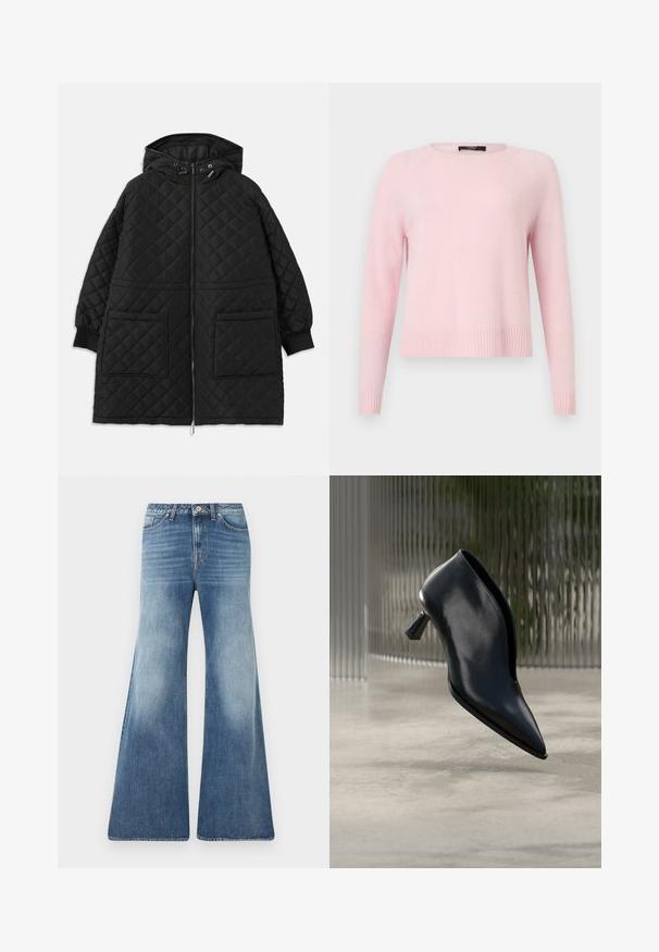 Sort, quiltet hættejakke med frontlynlås, to store påsyede lommer, manchetter ved ærmerne og justerbare snore i hætten.; Lyserød langærmet strikket sweater med ribbede manchetter, kant og rund halsudskæring, vist på en ensfarvet lys baggrund.; Blå høj- og vidbenede jeans med falmet front, femlomme-design, bæltestropper og knaplukning mod en hvid baggrund.; Sort læderankelstøvle med spids tå, tætsiddende design og unikt formet mellemhøj hæl på en glat betonoverflade.