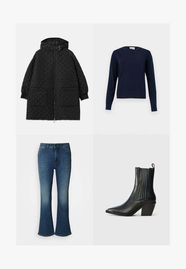 Sort, quiltet hættejakke med frontlynlås, to store påsyede lommer, manchetter ved ærmerne og justerbare snore i hætten.; Mørkeblå langærmet rundhalset sweater med ribbet manchetter og kant, vist mod en ensartet lys baggrund.; Flared denimjeans i mørkeblå med en falmet finish. Har knaplukning, fem lommer og nitte-accents ved kanten.; Sort læder ankelstøvle med spids tå, ribbede sidepaneler og en kraftig hæl, placeret på en struktureret fliseoverflade.